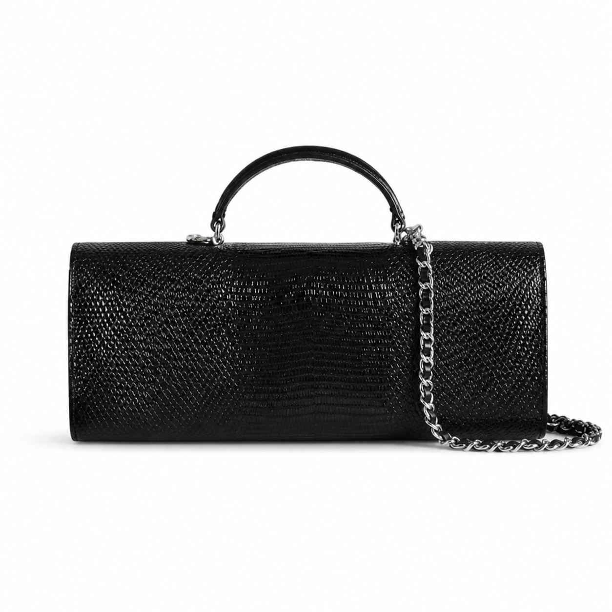 Chanel Black Lizard-Embossed Baguette Flap Bag | Top Handle & Silver Chain