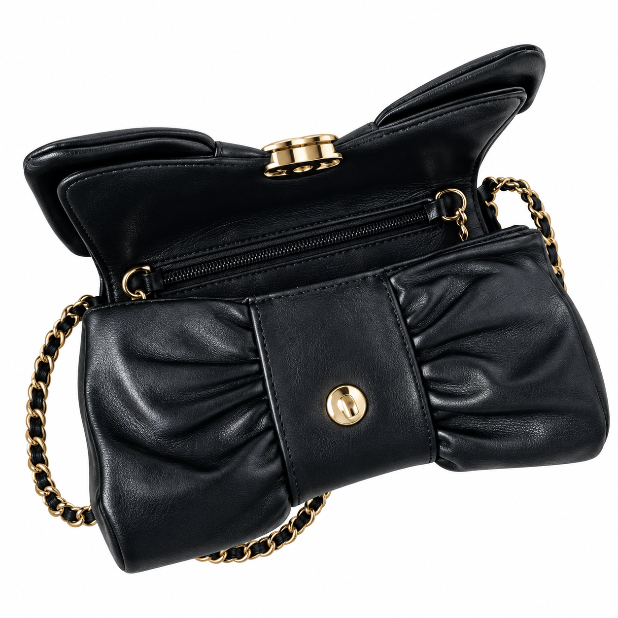 Chanel Bow Bag Ruched Lambskin Chain Shoulder Bag Black 22cm