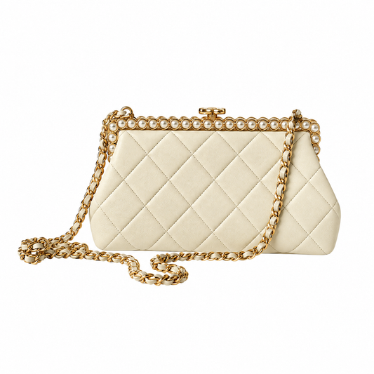 Chanel Pearl Frame Quilted Clutch Cream 10×20×7cm