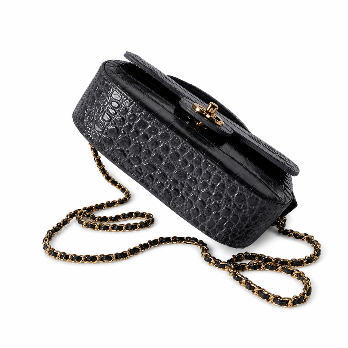 Chanel Charcoal Grey Croc Mini Flap Top Handle Bag | Antique Gold CC — 19.6cm