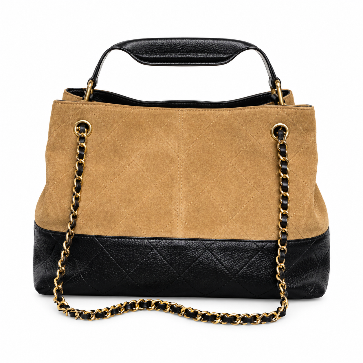 Chanel 24B Bicolor Suede Caviar Quilted Hobo Bag Camel Black 24×36×14cm