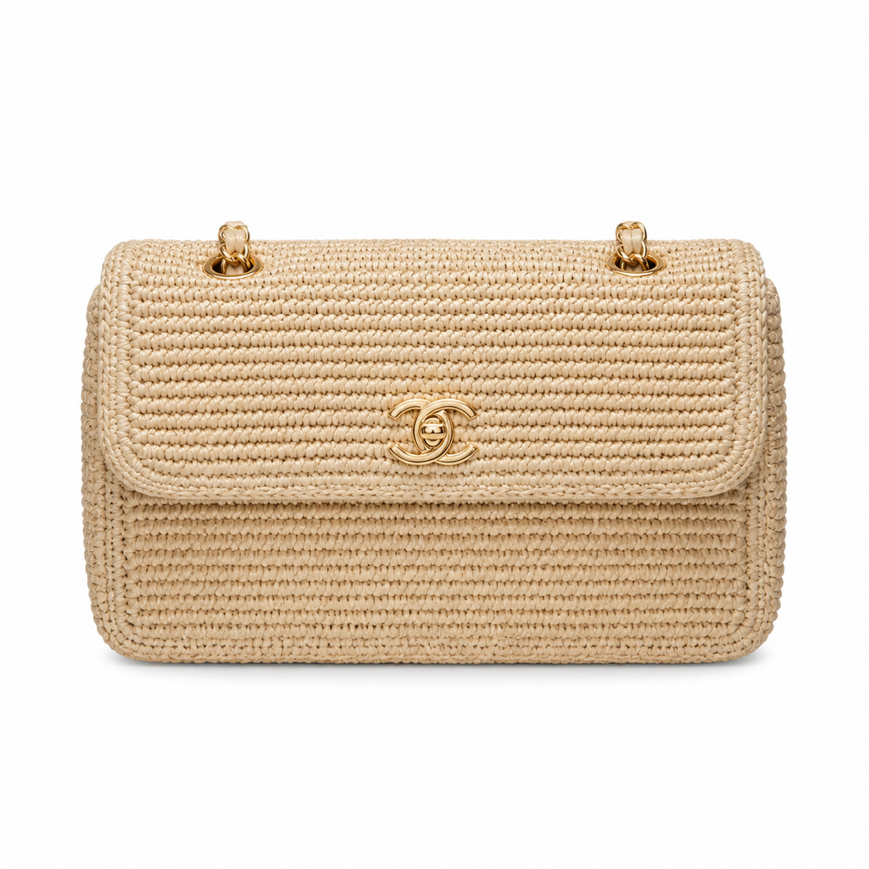 Chanel CC Raffia Woven Flap Bag | Natural Beige & Gold Chain — 25cm
