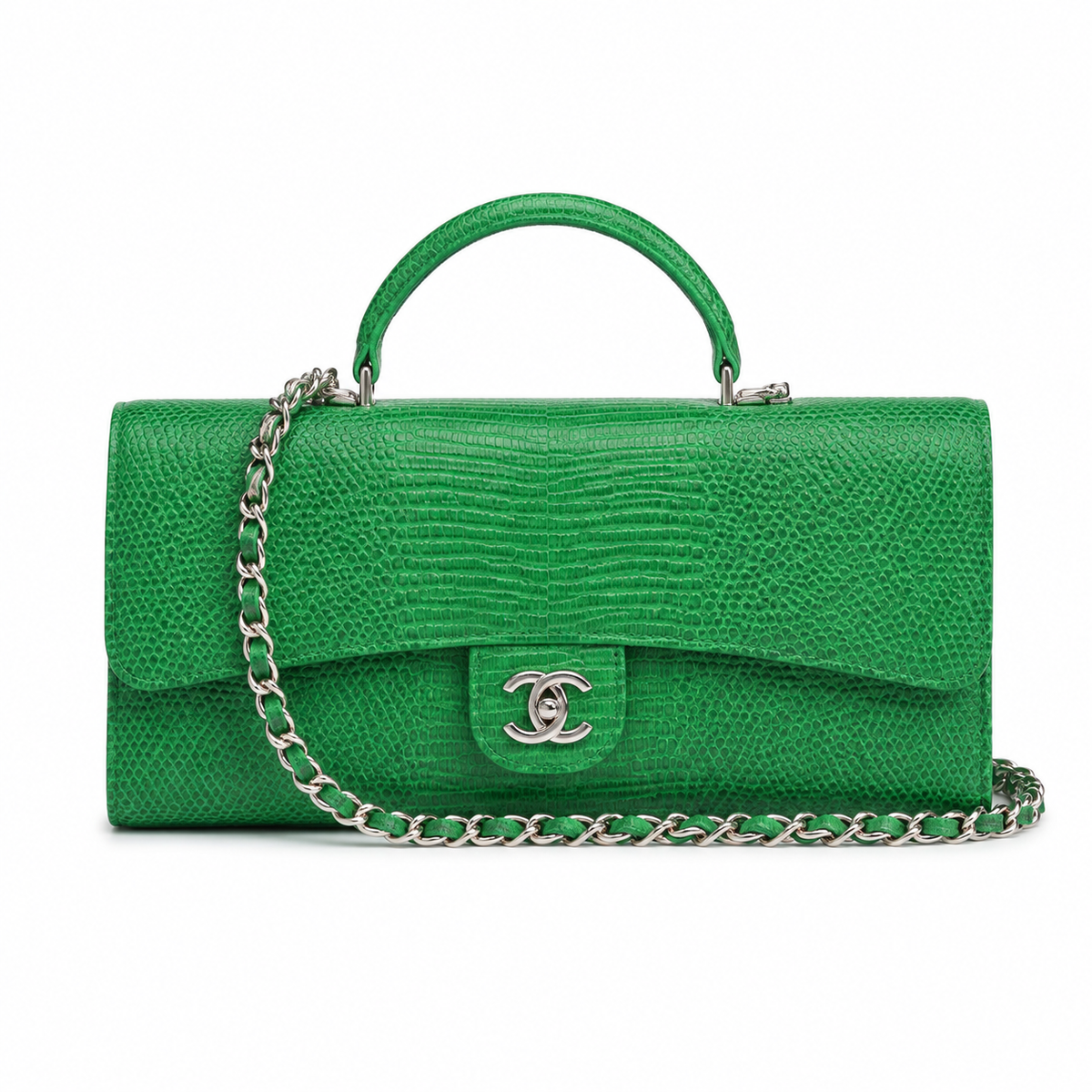 Chanel Emerald Green Lizard-Embossed Baguette Flap Bag | Top Handle & Tonal Silver Chain