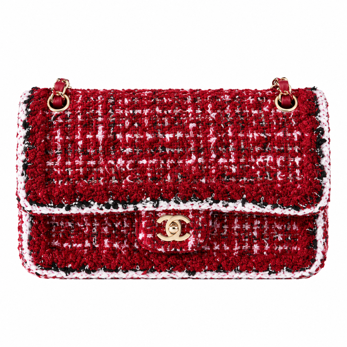 Chanel Classic Double Flap Tweed Red Pink Black White Gold 25cm