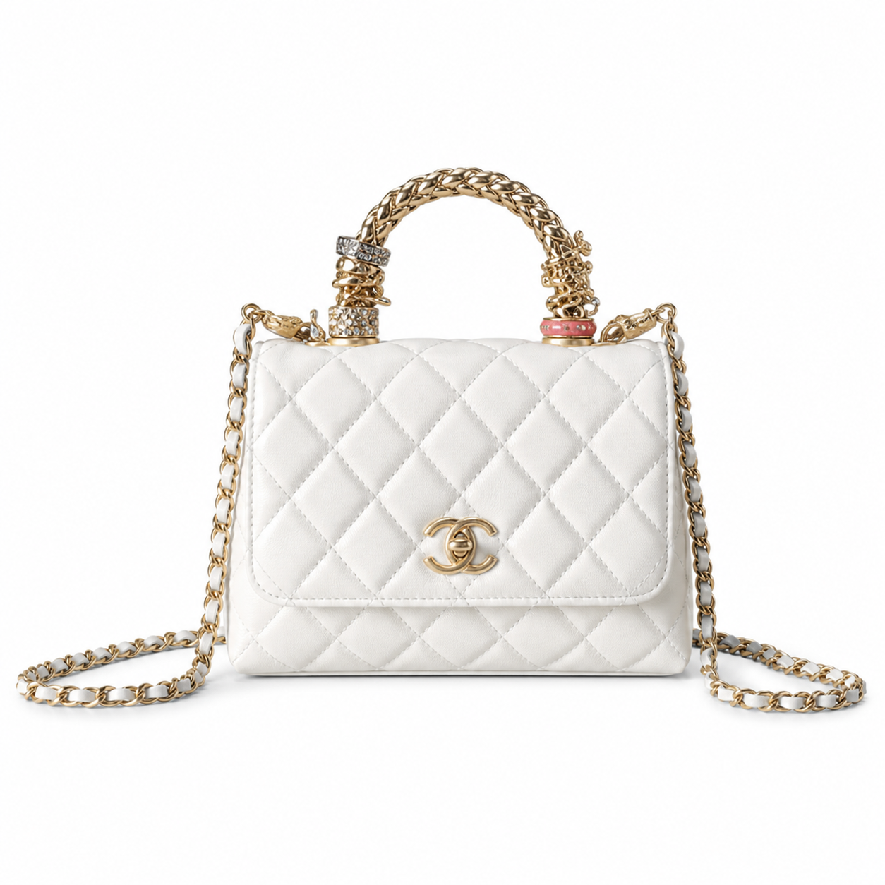 Chanel Ivory White Quilted Lambskin Mini Flap | Jeweled Handle & Red CC Disc — 19cm