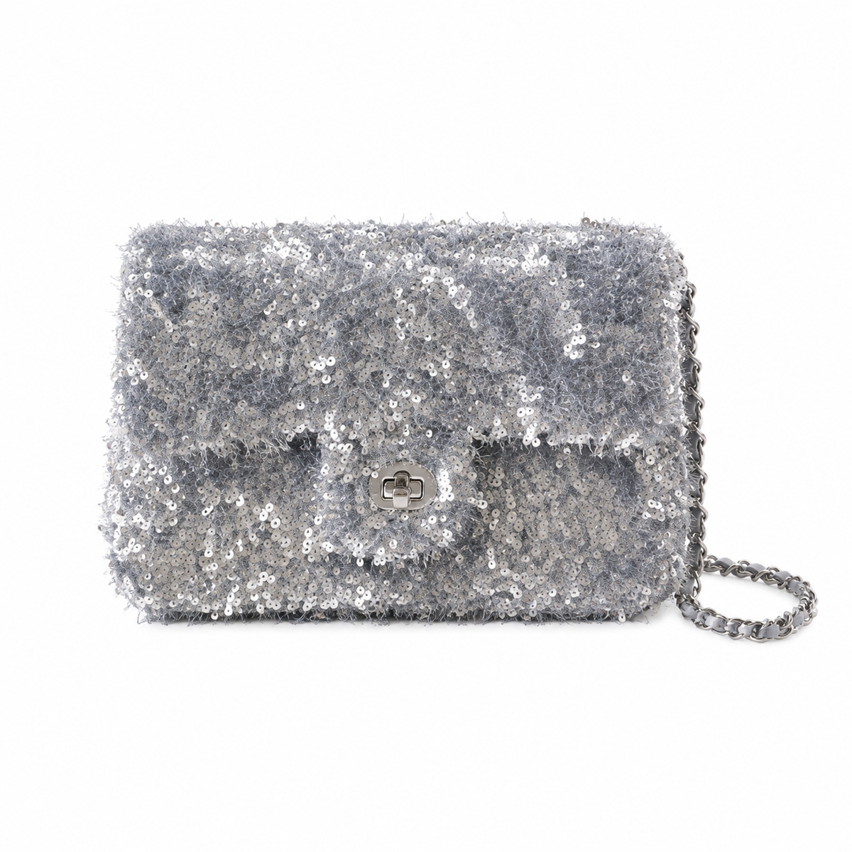 Chanel Silver Ring-Sequin on Grey Bouclé Flap Bag | Three-Register Monochrome Surface & Full Silver-Grey Tonal System