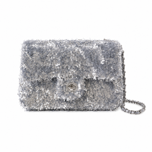 Chanel Silver Ring-Sequin on Grey Bouclé Flap Bag | Three-Register Monochrome Surface & Full Silver-Grey Tonal System