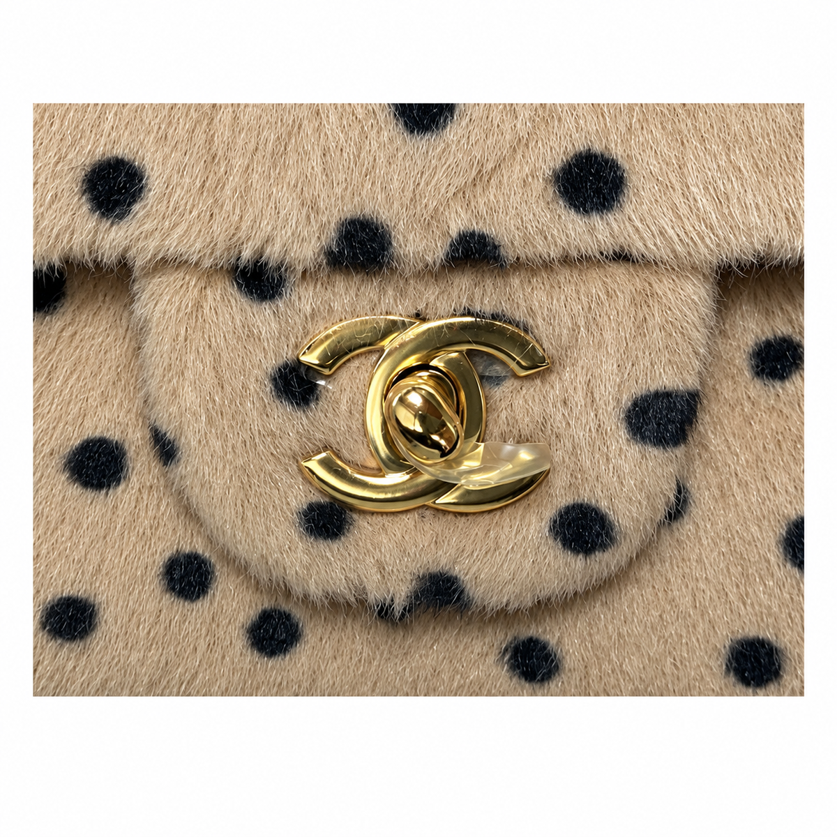 Chanel Polka Dot Shearling Mini Classic Flap Bag Beige Black 20cm