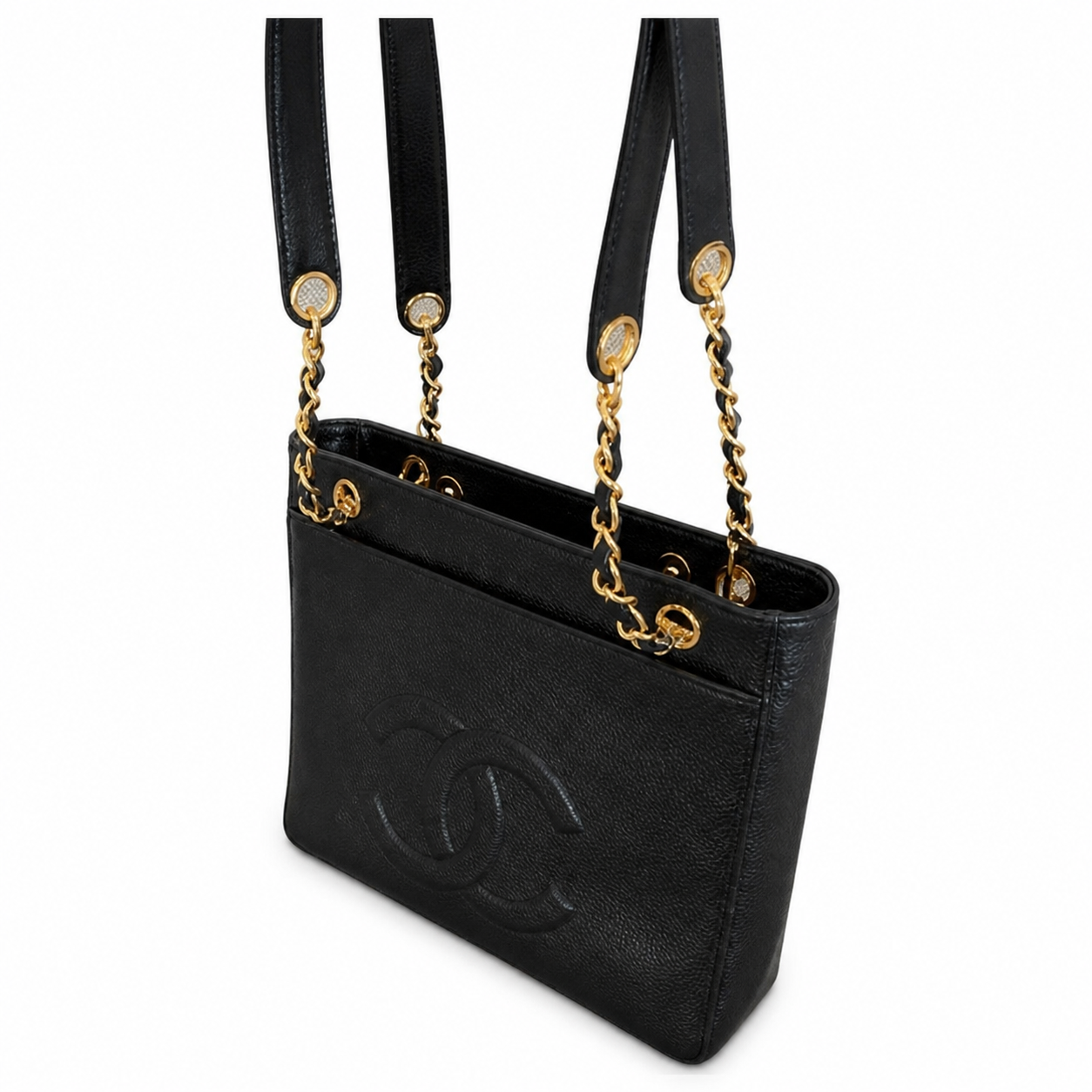 Chanel Black Caviar Open-Top Tote | Built-In Front CC Flap Pocket & Gold Chain Straps — 26cm