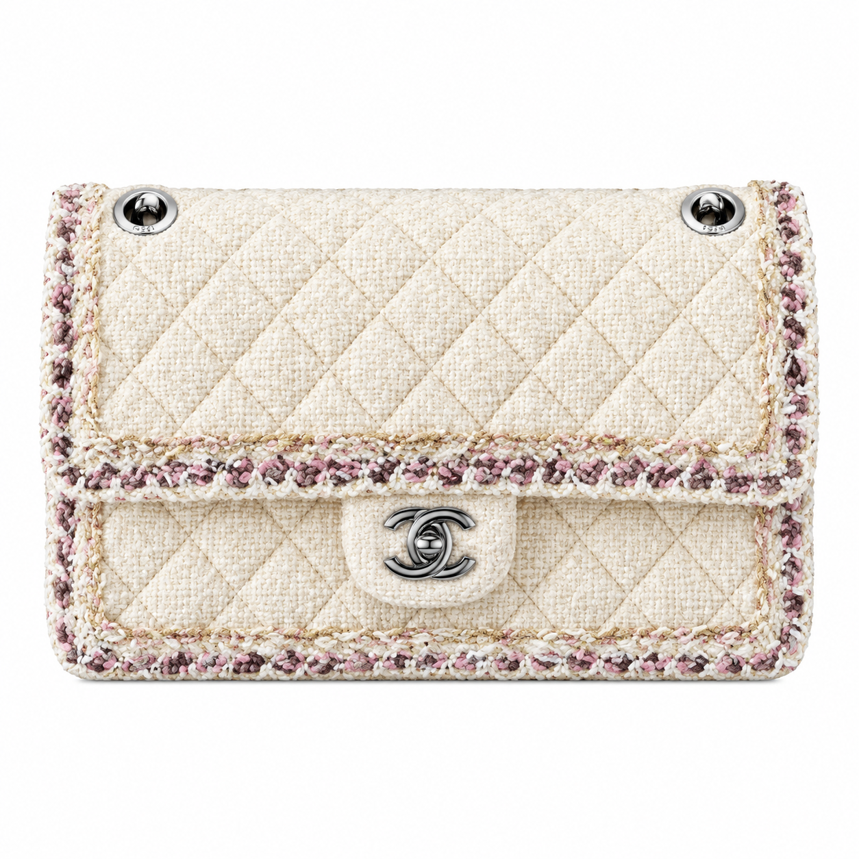 Chanel Classic Flap Quilted Tweed Multicolour Trim Ivory Silver 25cm