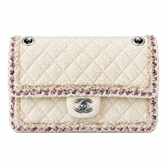 Chanel Classic Flap Quilted Tweed Multicolour Trim Ivory Silver 25cm