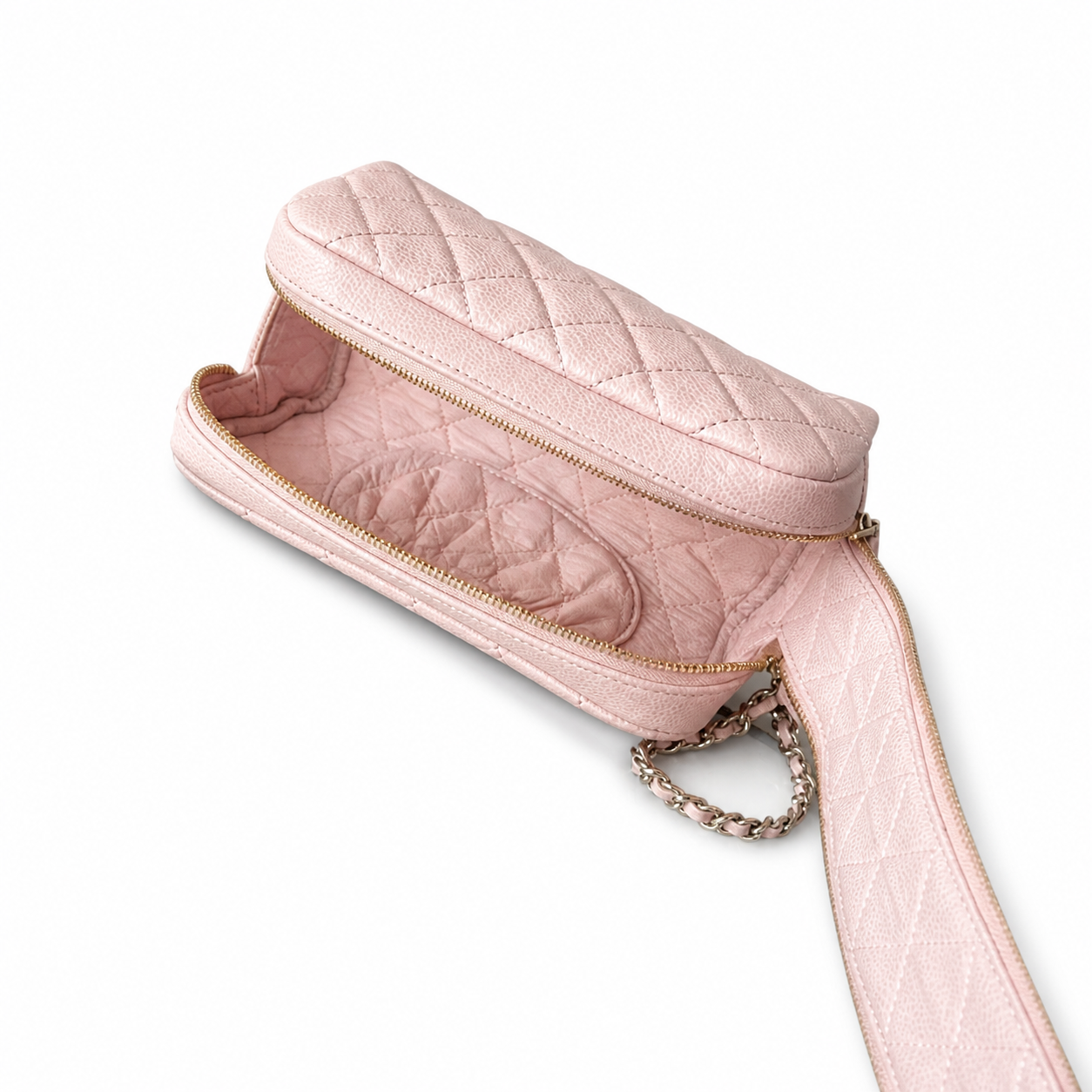 Chanel CC Quilted Cosmetic Pouch | Blush Pink & Silver Chain — 18cm