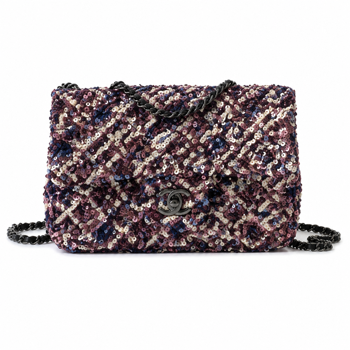 Chanel Multicolour Sequin Diamond-Quilted Flap Bag | Aubergine & Mixed Tones, Gunmetal CC & Chain