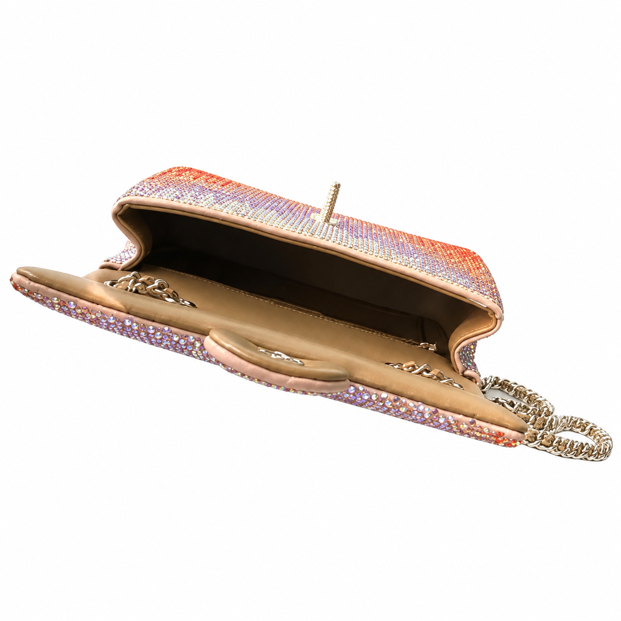 Chanel Coral Drip Ombré Full Crystal Pavé Flap Bag | Champagne Pink to Pearl White & Chunky Gold Chain
