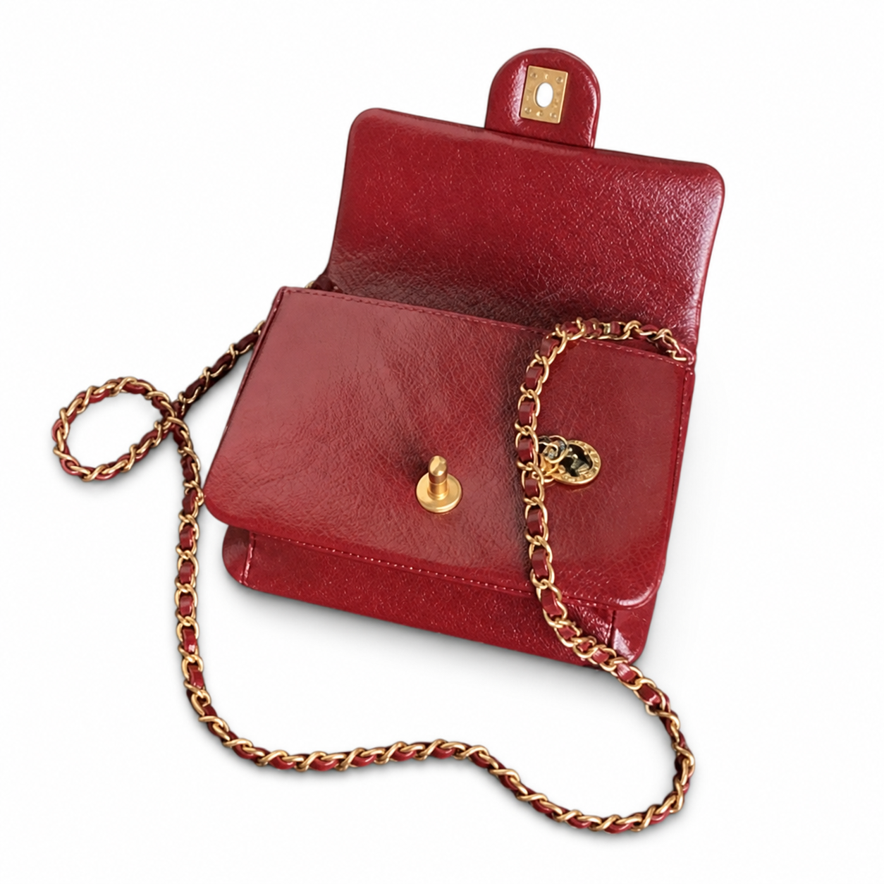 Chanel Mini Flap Bag Red Caviar Leather | Aged Gold CC & Red Chain — 17.5cm