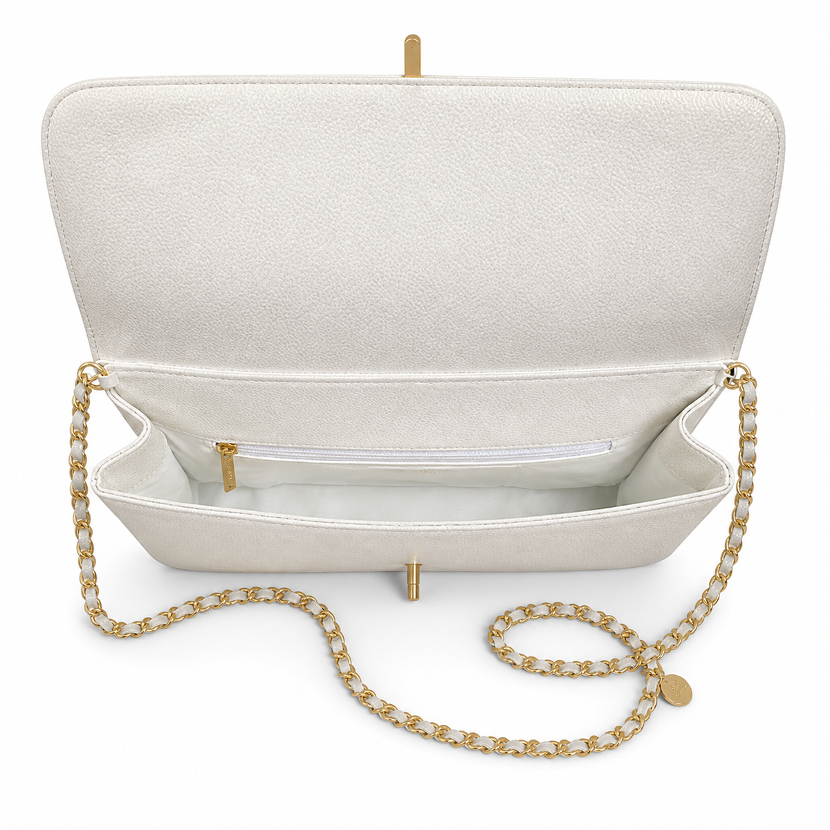 Chanel East-West Flap White Caviar | White-Surround CC Turn-Lock & Gold Coin Charm — 32.5cm