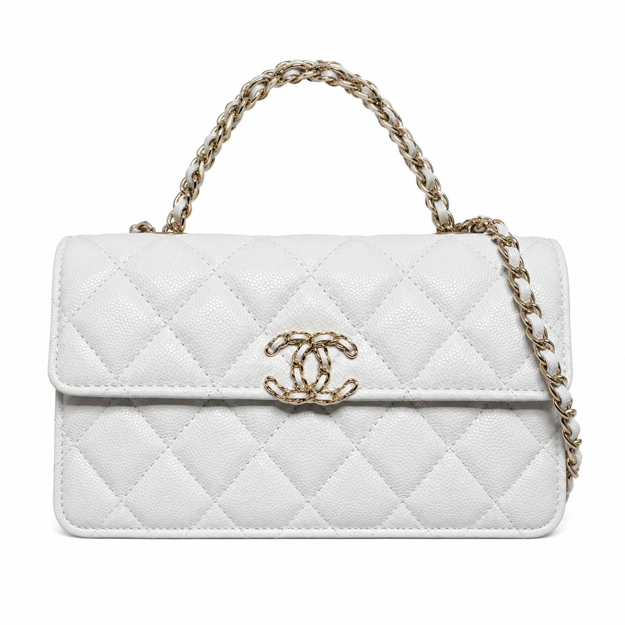 Chanel White Smooth Quilted Mini Top Handle Flap Bag | Gold Chain-Link CC Turn-Lock with Central Sphere & Dual White Chain