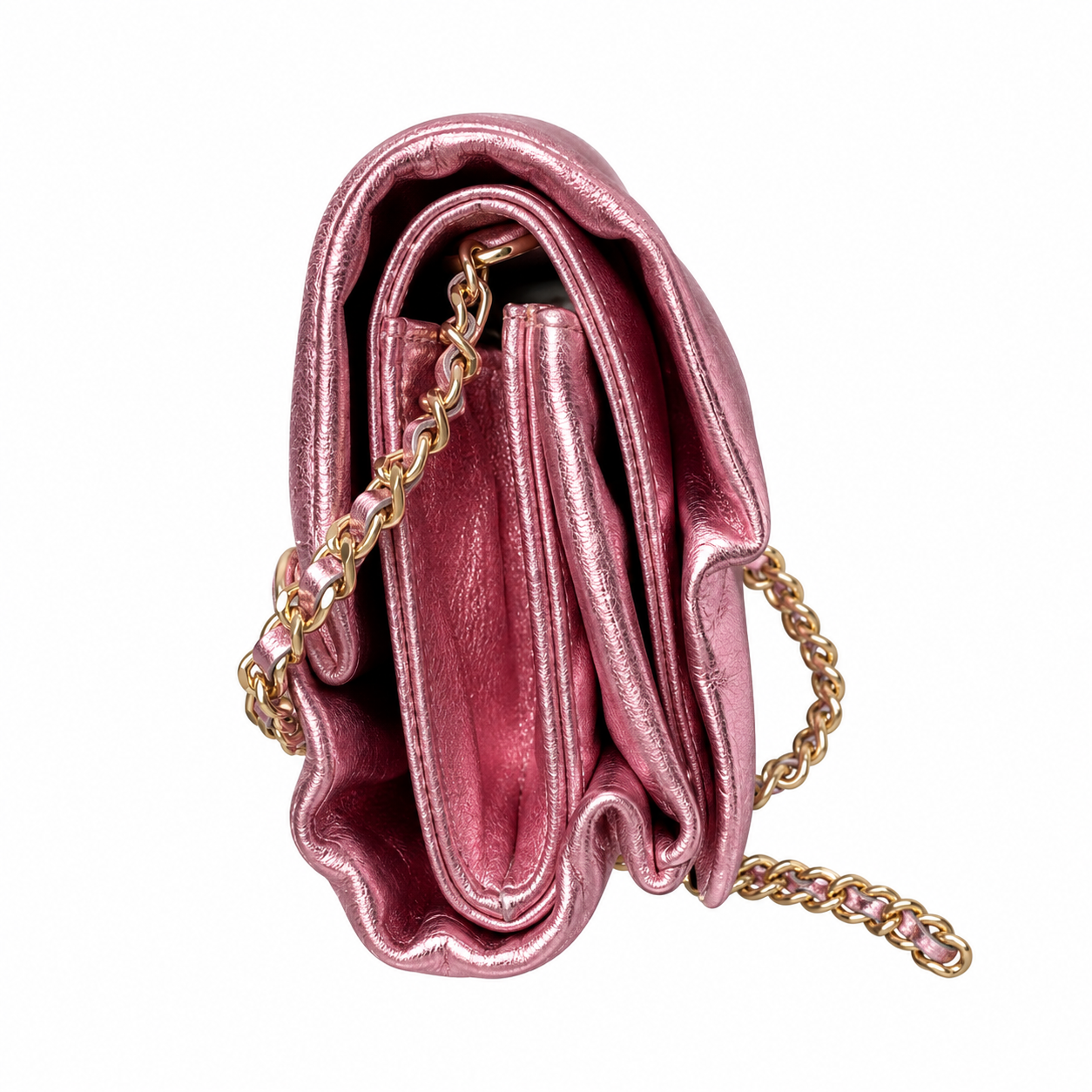 Chanel Ruched Metallic Crinkled Calfskin CC Flap Bag Rose Pink 22cm