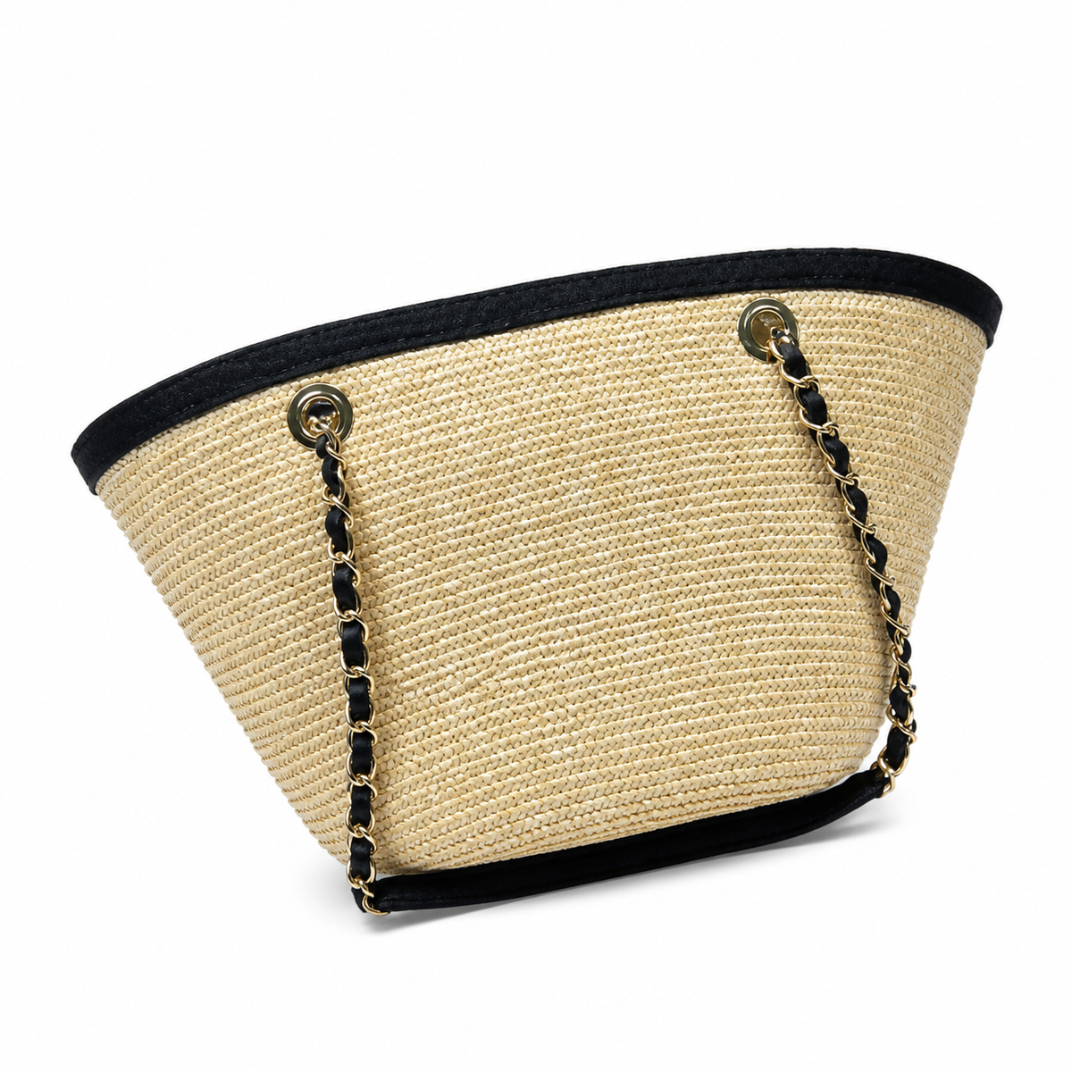 Chanel Small Basket Bag Natural Raffia & Black Grosgrain | Gold CC Turn-Lock & Side Zip — 41cm