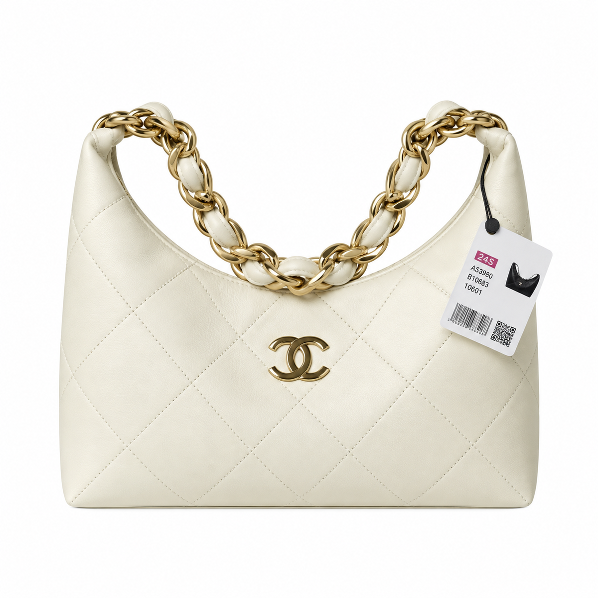 Chanel Zip Hobo Quilted Lambskin Pearl White Chunky Chain Gold 28cm