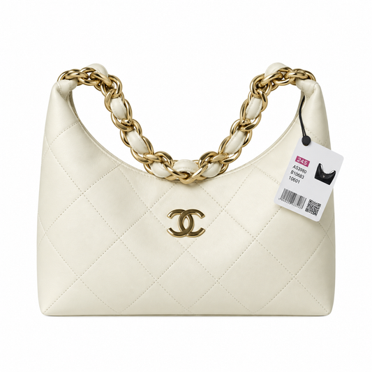 Chanel Zip Hobo Quilted Lambskin Pearl White Chunky Chain Gold 28cm