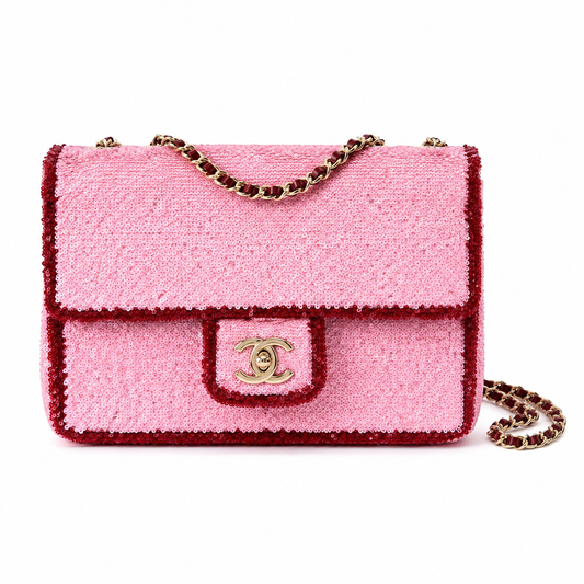 Chanel Pale Pink & Burgundy Sequin Flap Bag | Precision Geometric Border, Rose Gold Chain & Hidden CC Zip Pull