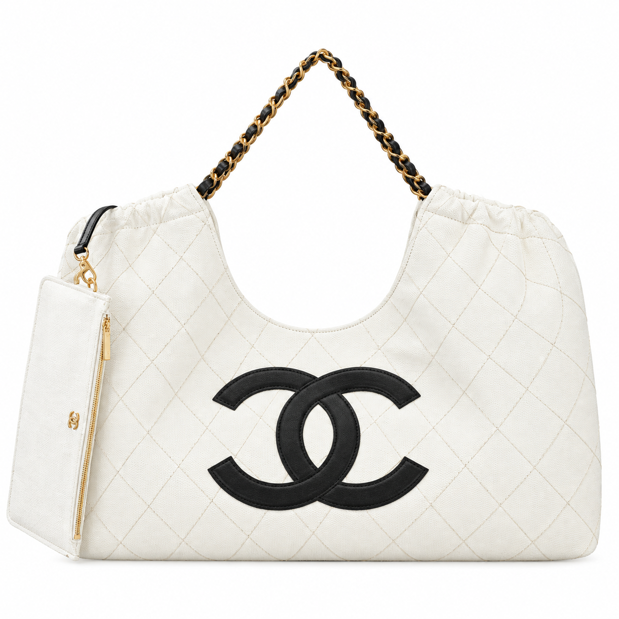 Chanel Large Gathered Hobo Tote Quilted Lambskin White Gold Chain 43cm