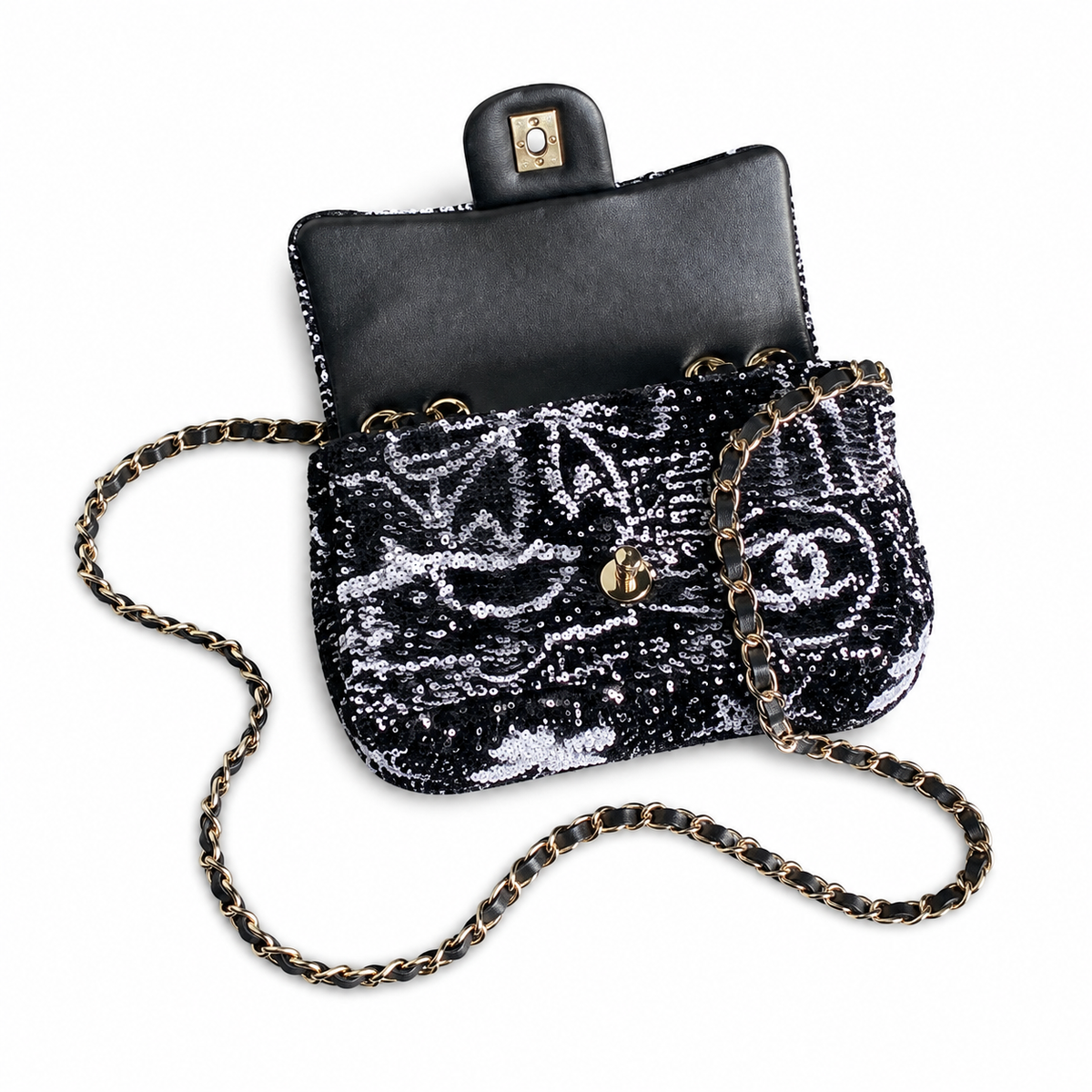 Chanel Black & Silver Sequin Hand-Drawn Flap Bag | Bow, Botanical Scrolls & Gestural Fills, Antique Gold CC