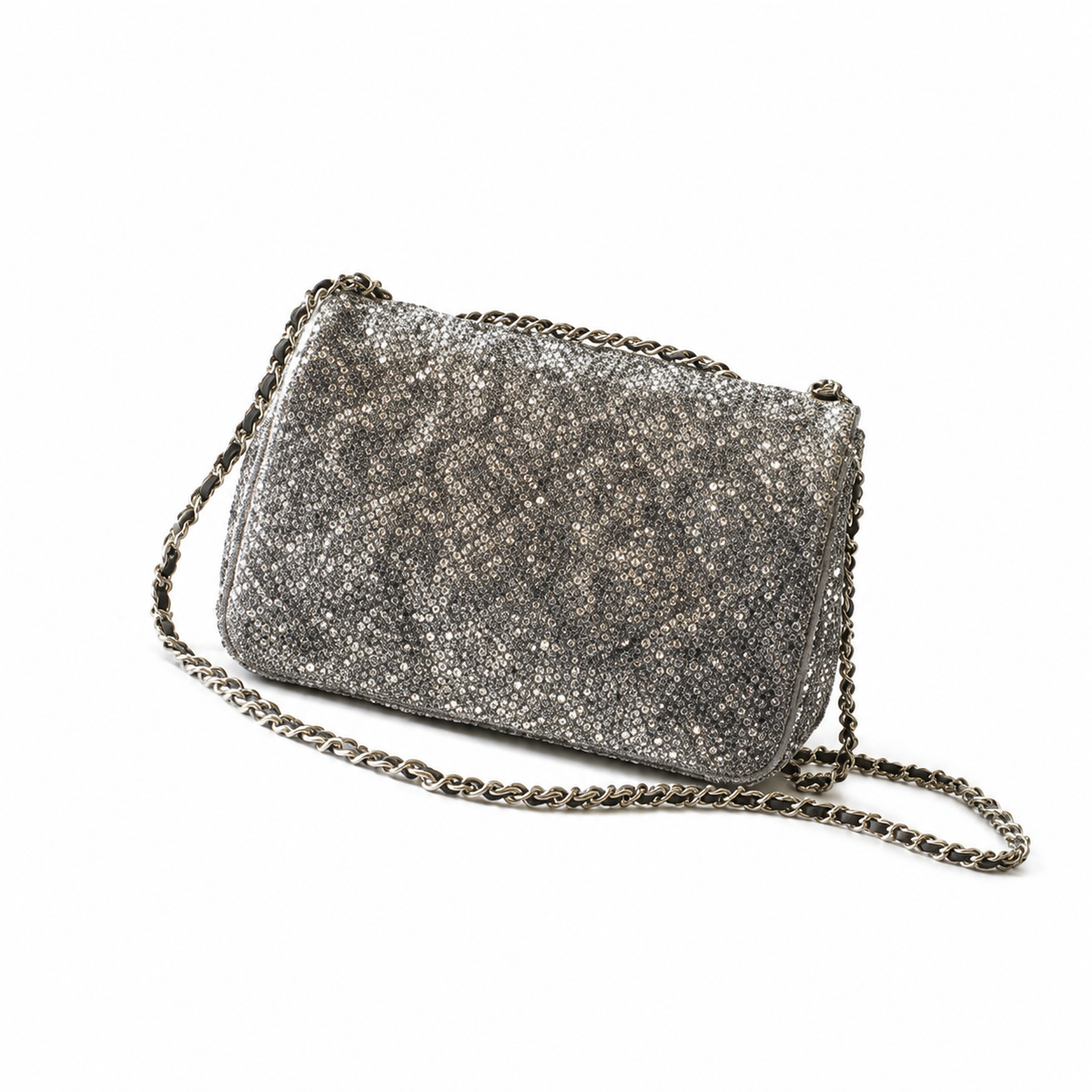 Chanel Grey Suede Monochrome Rhinestone Flap Bag | Silver-Grey Crystal Base, Black Hematite Scatter & Square CC Turn-Lock