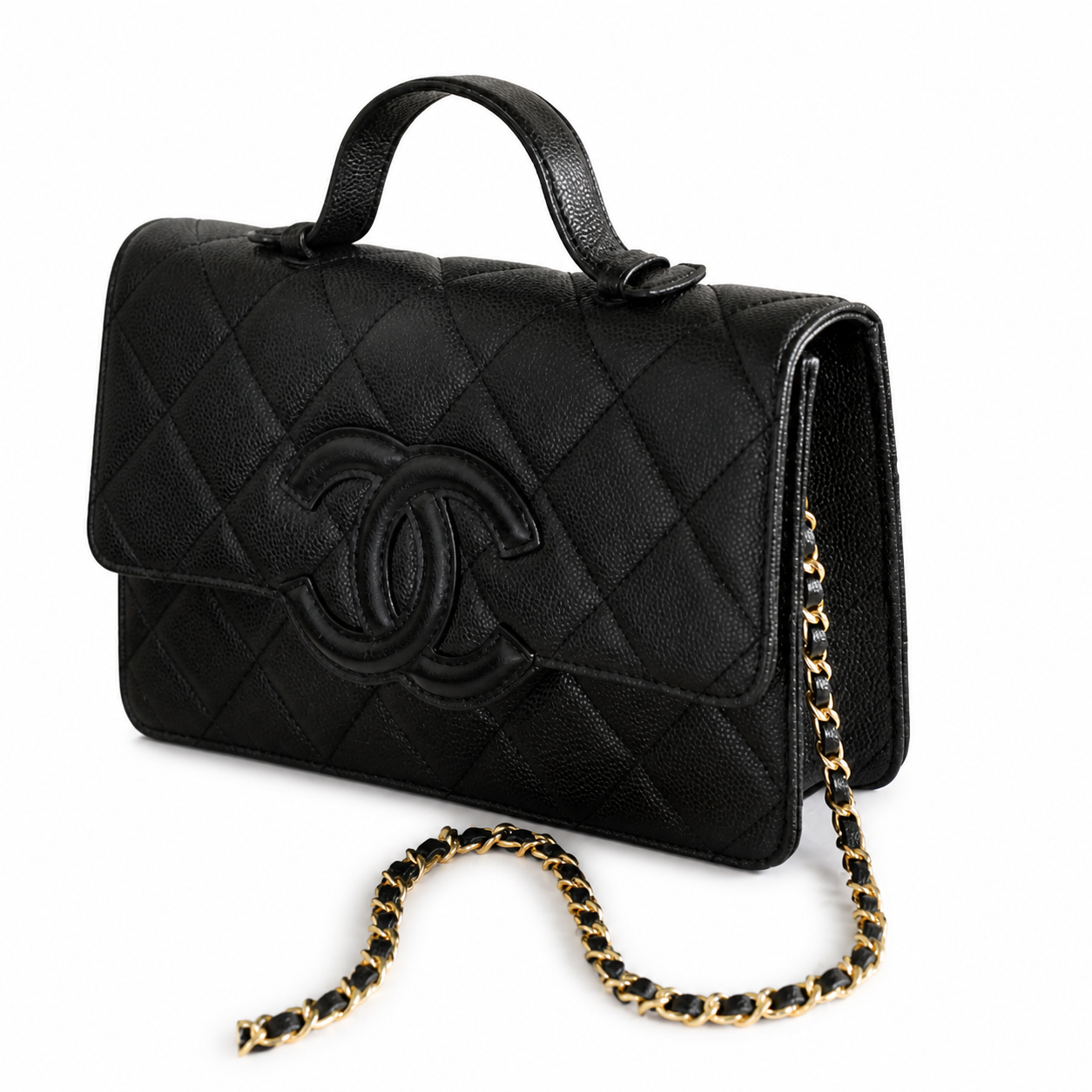 Chanel Black Aged Caviar Quilted Flap Bag | Oversized CC Logo, Top Handle & Gold Chain