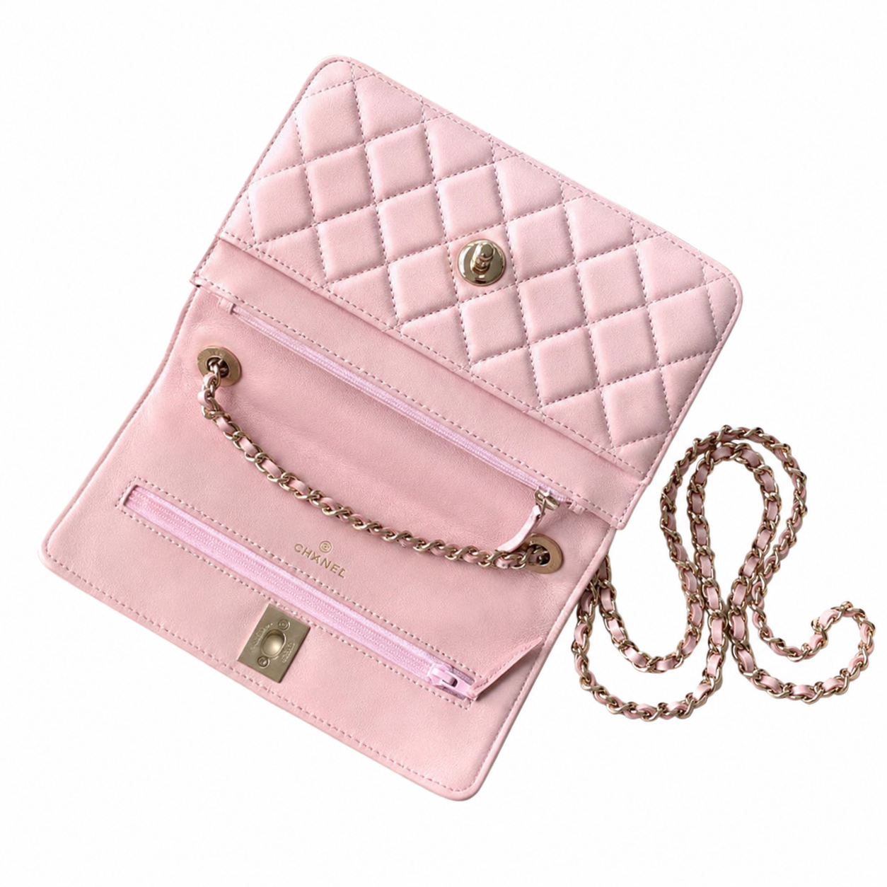 Chanel Sakura Pink Quilted Flap Bag | Crystal Pavé CHANEL Letter Frame Bar, Cylindrical Top Handle & Satin Interior