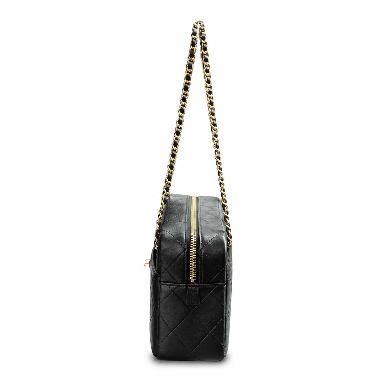 Chanel Black Lambskin Quilted Camera Bag | CC Turn-Lock Lid, Top Zip & Leather-Woven Chain