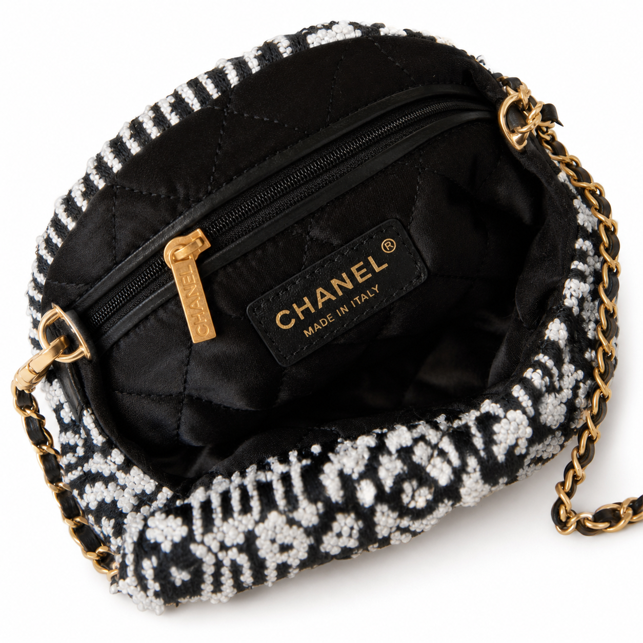 Chanel 22 Bag Large Black & White CC Jacquard Tweed | Gold Chain Handles — 42cm