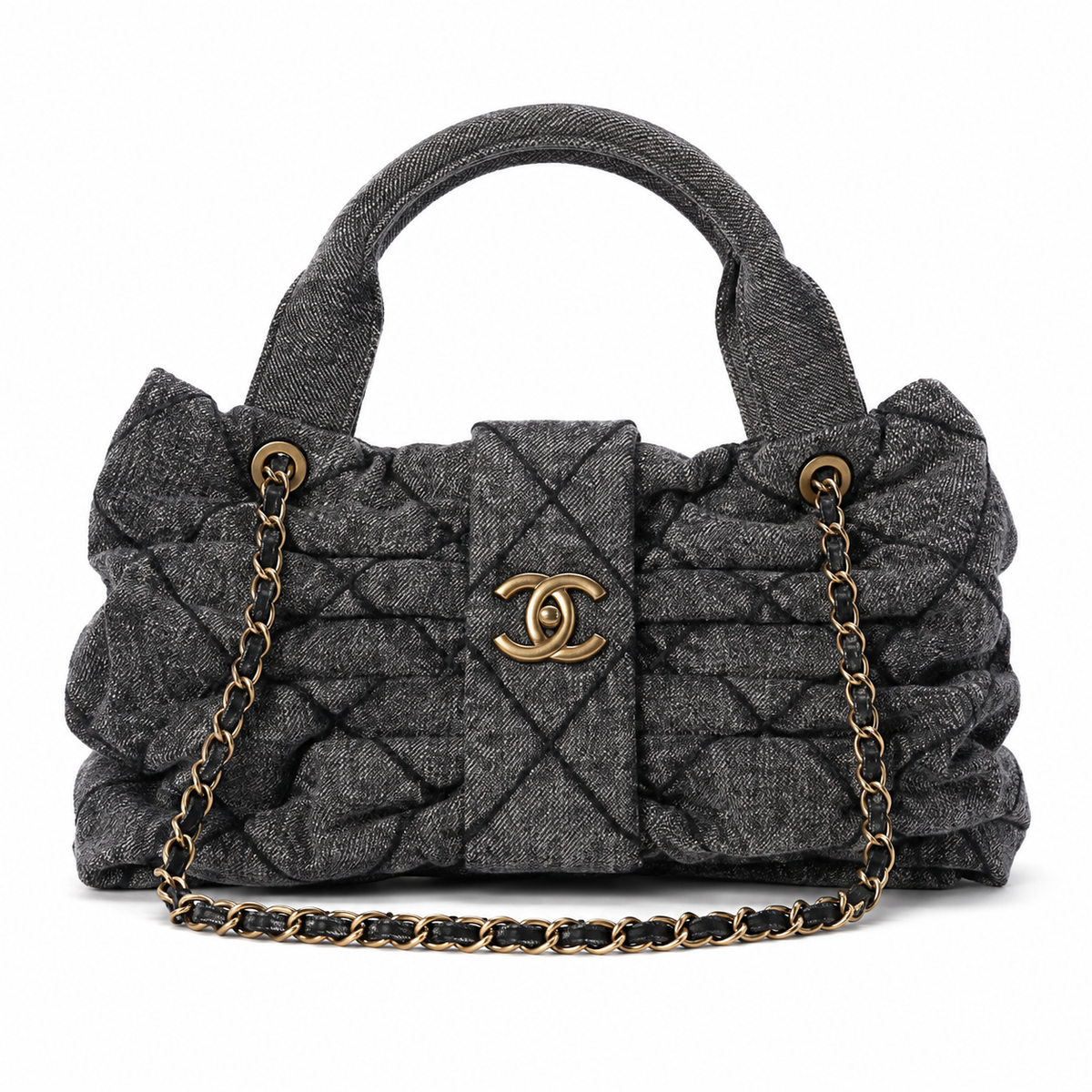Chanel Dark Denim Honeycomb Quilted Shopping Tote | CC Diamond Gold Grey — 29x38cm