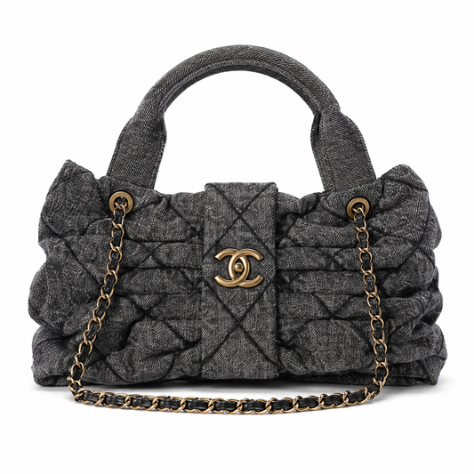 Chanel Dark Denim Honeycomb Quilted Shopping Tote | CC Diamond Gold Grey — 29x38cm