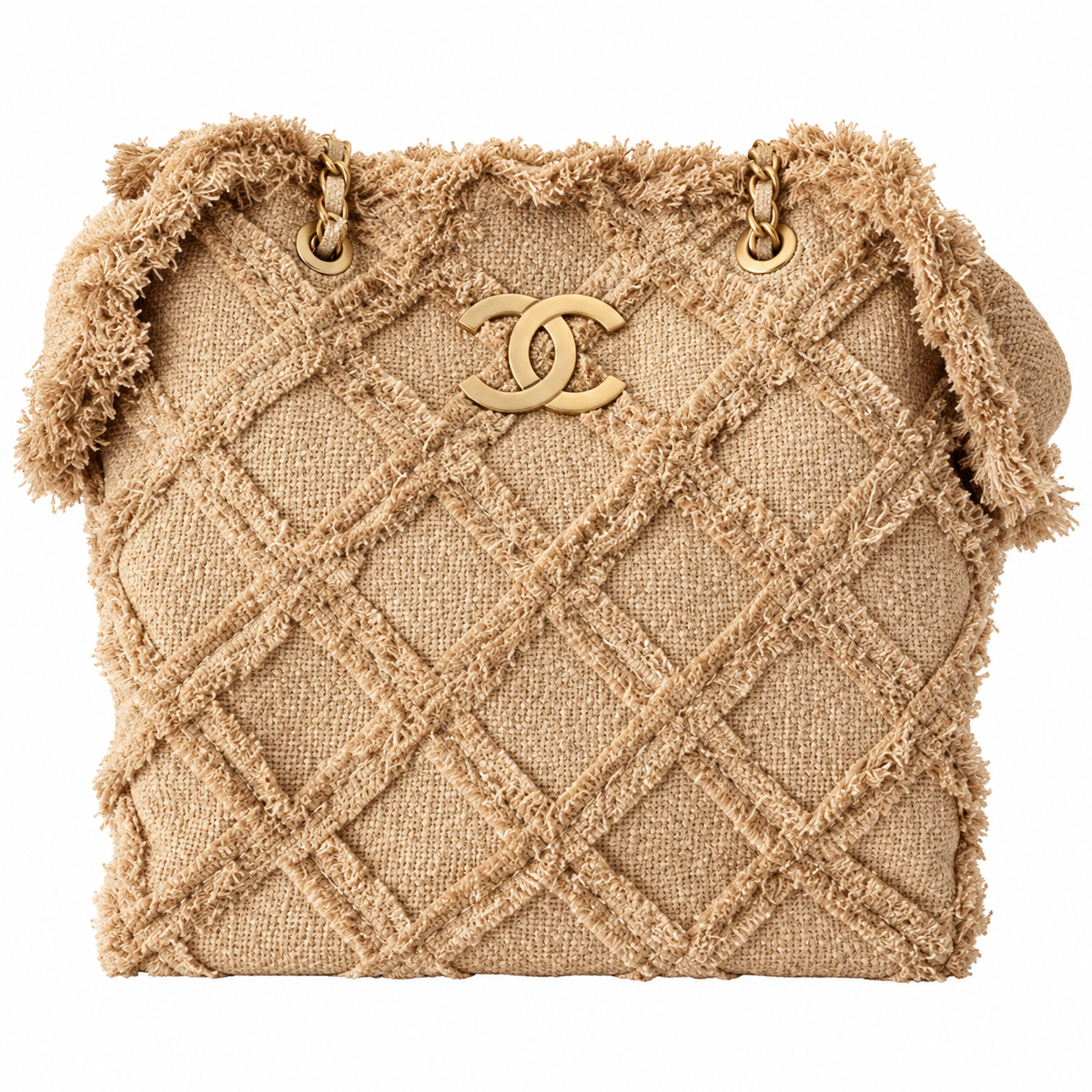 Chanel Large Quilted Raffia Fringe Tote Bag Natural Beige Gold 48cm