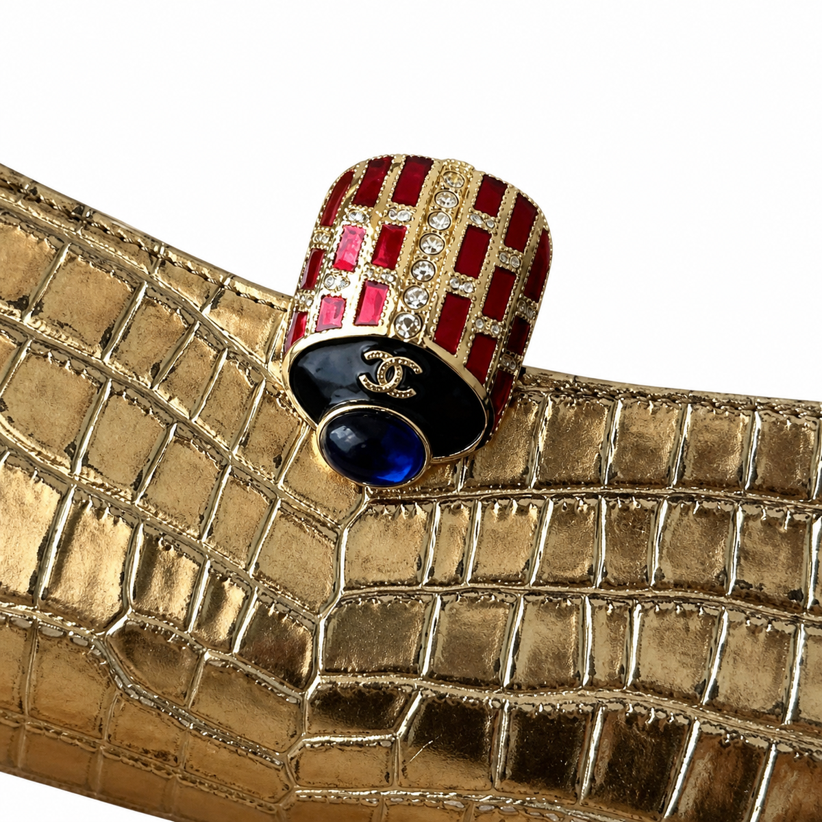 Chanel Gold Croc-Embossed Evening Clutch | Jeweled Scarab — Blue Lapis & Red Enamel Gold Star — 30cm