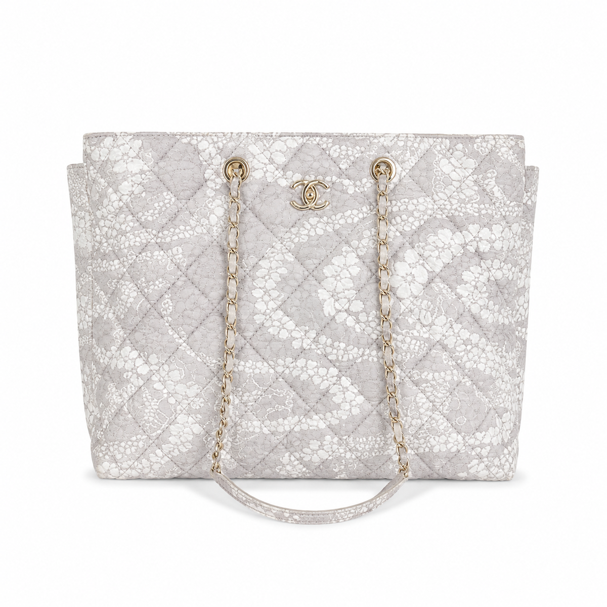 Chanel Grey & White Floral Jacquard Quilted Shopping Tote | Gold Oval Logo Plate, Silver Chain & Fabric Top Handle