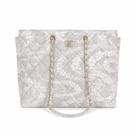 Chanel Grey & White Floral Jacquard Quilted Shopping Tote | Gold Oval Logo Plate, Silver Chain & Fabric Top Handle