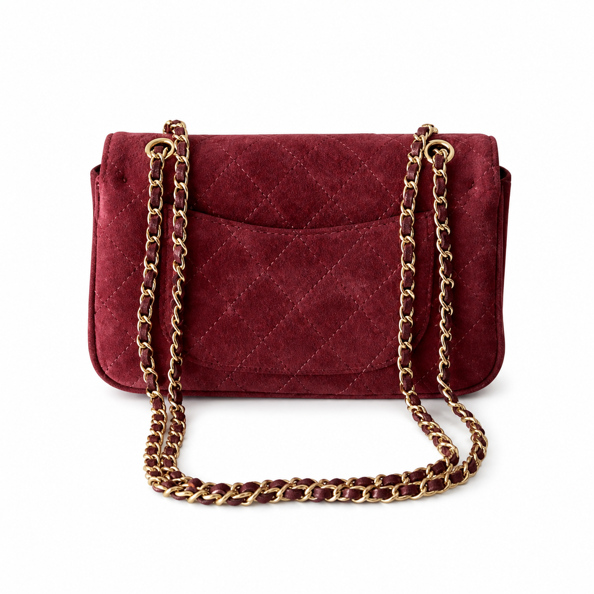 Chanel Classic Single Flap Bag Deep Burgundy Quilted Suede | Matte Gold CC Turn-Lock — 20cm