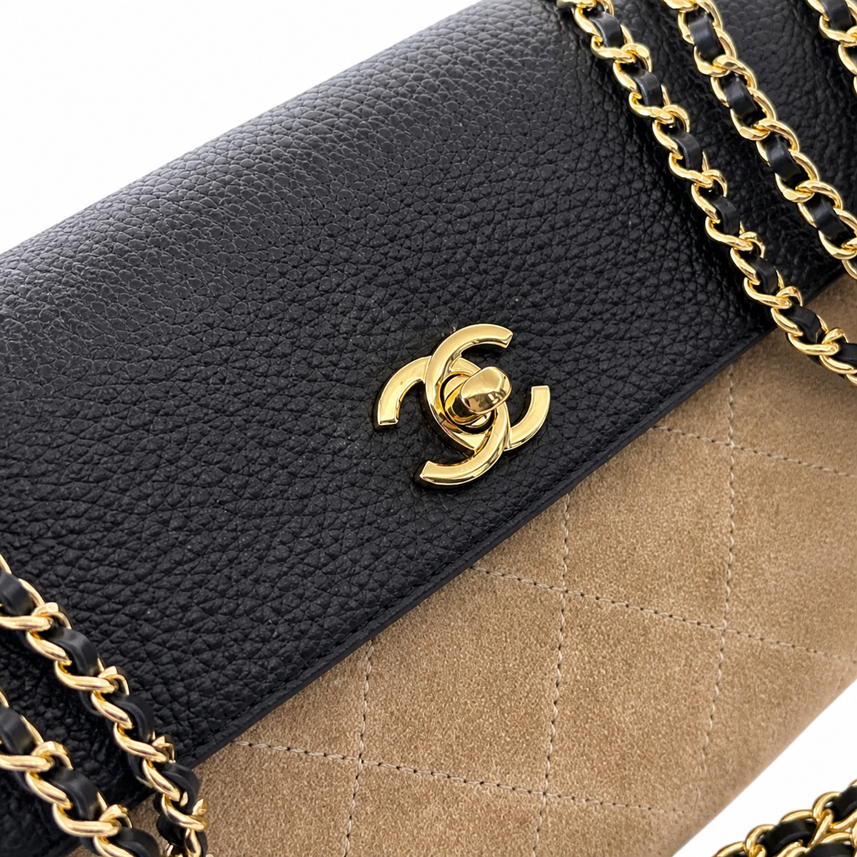 Chanel Two-Tone Drawstring Flap Black Caviar & Taupe Suede | Gold CC Turn-Lock — 29cm