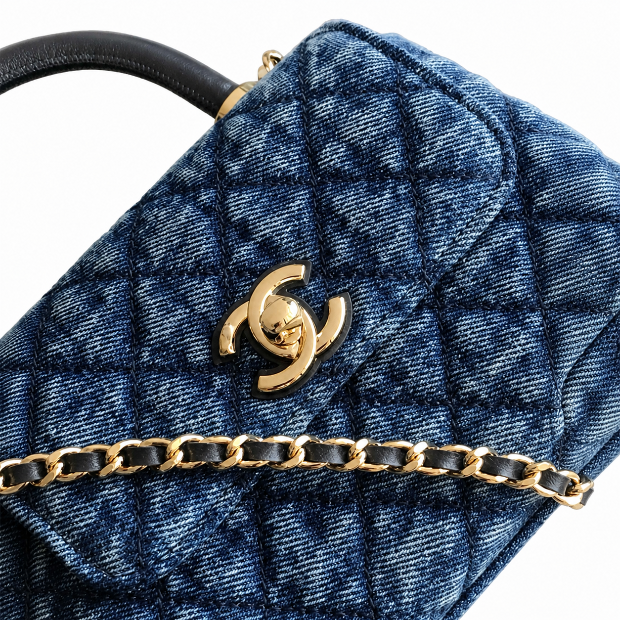 Chanel Coco Handle Quilted Denim Mini Flap | Navy & Gold Chain — 11cm