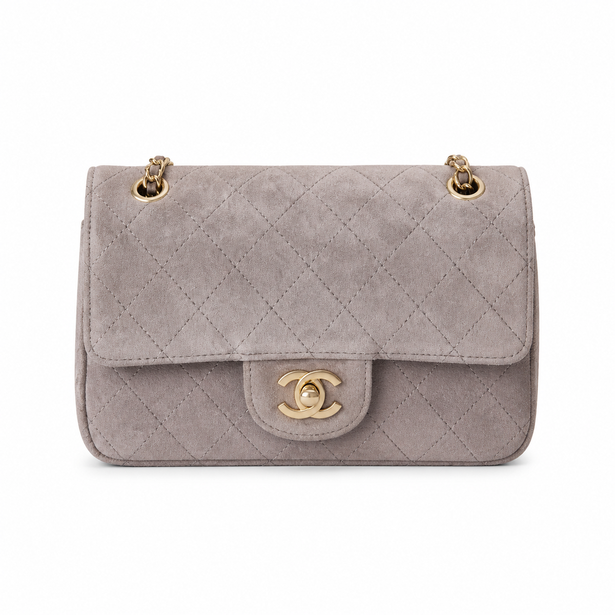 Chanel Classic Single Flap Bag Dove Grey Quilted Suede | Matte Gold CC Turn-Lock — 20cm