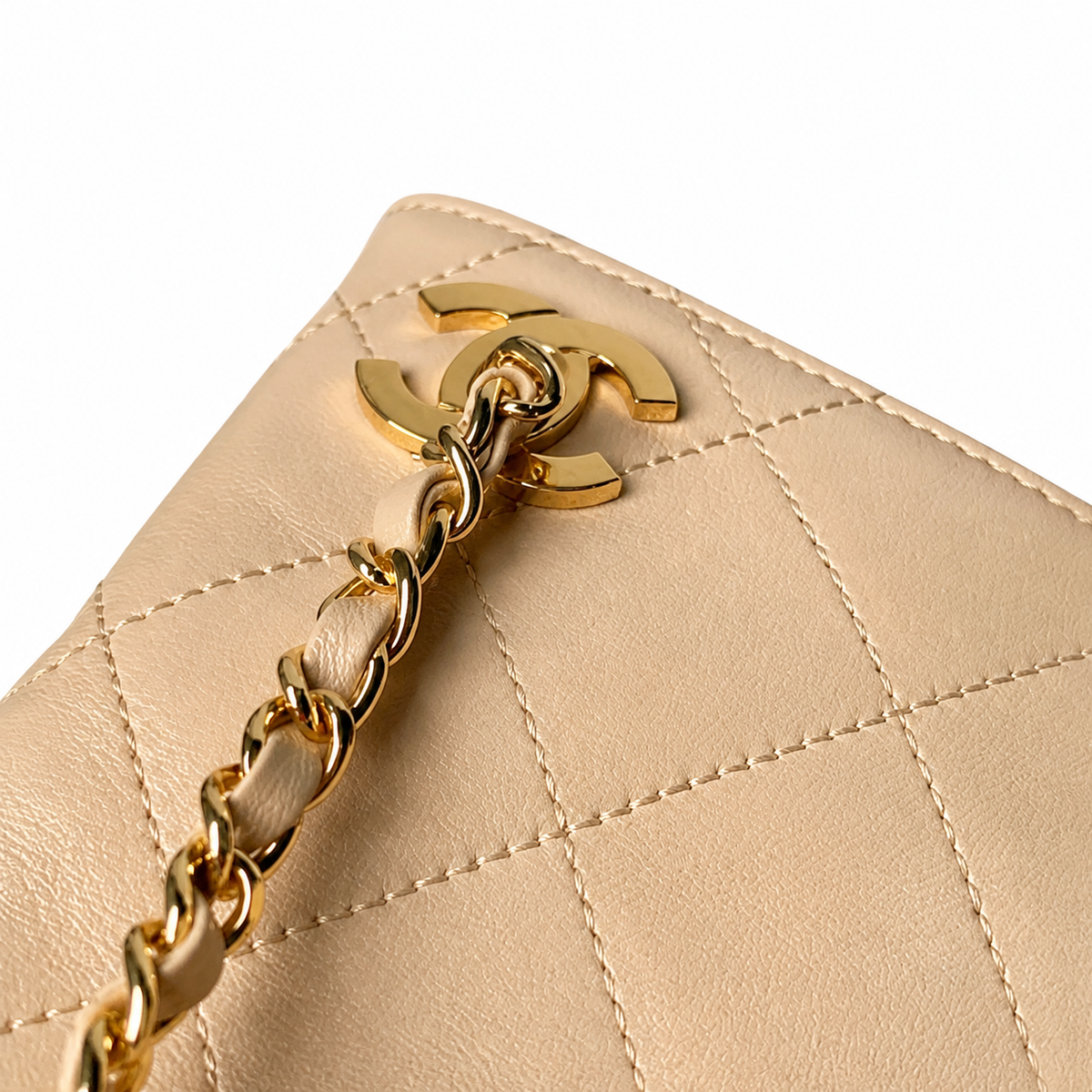 Chanel CC Diagonal Quilted Lambskin Tote | Beige & Gold Chain — 40cm