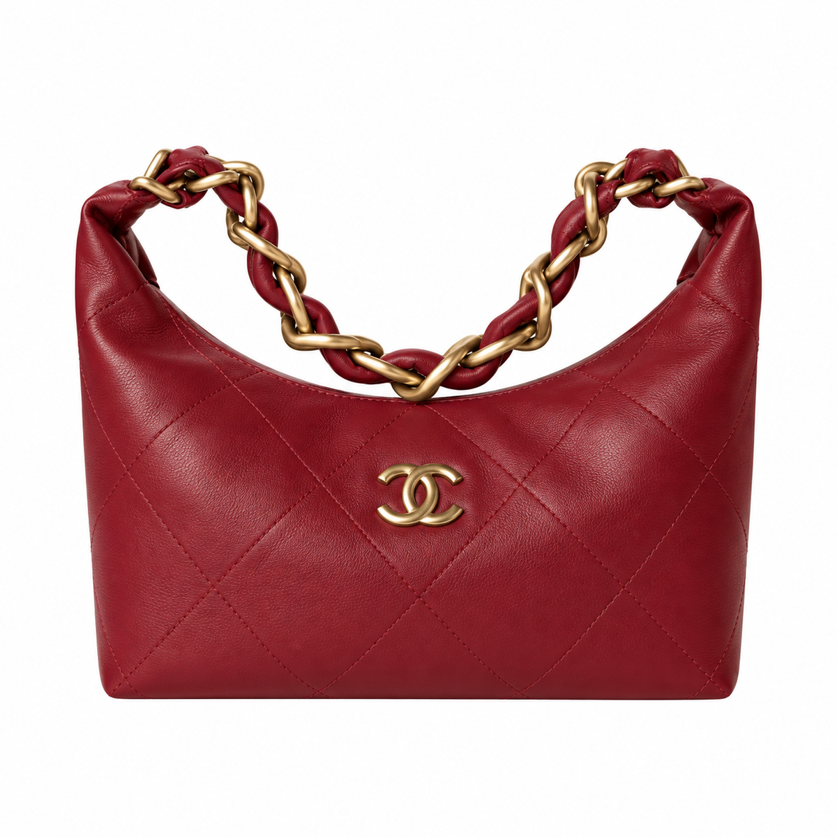 Chanel Zip Hobo Quilted Lambskin Red Chunky Chain Handle Gold 28cm