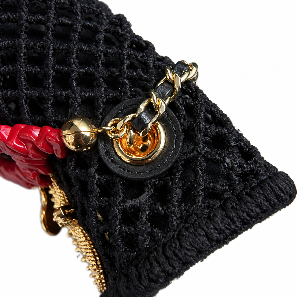 Chanel Black Crochet Classic Flap | Gold Marine Charms & Red Macramé — 21cm