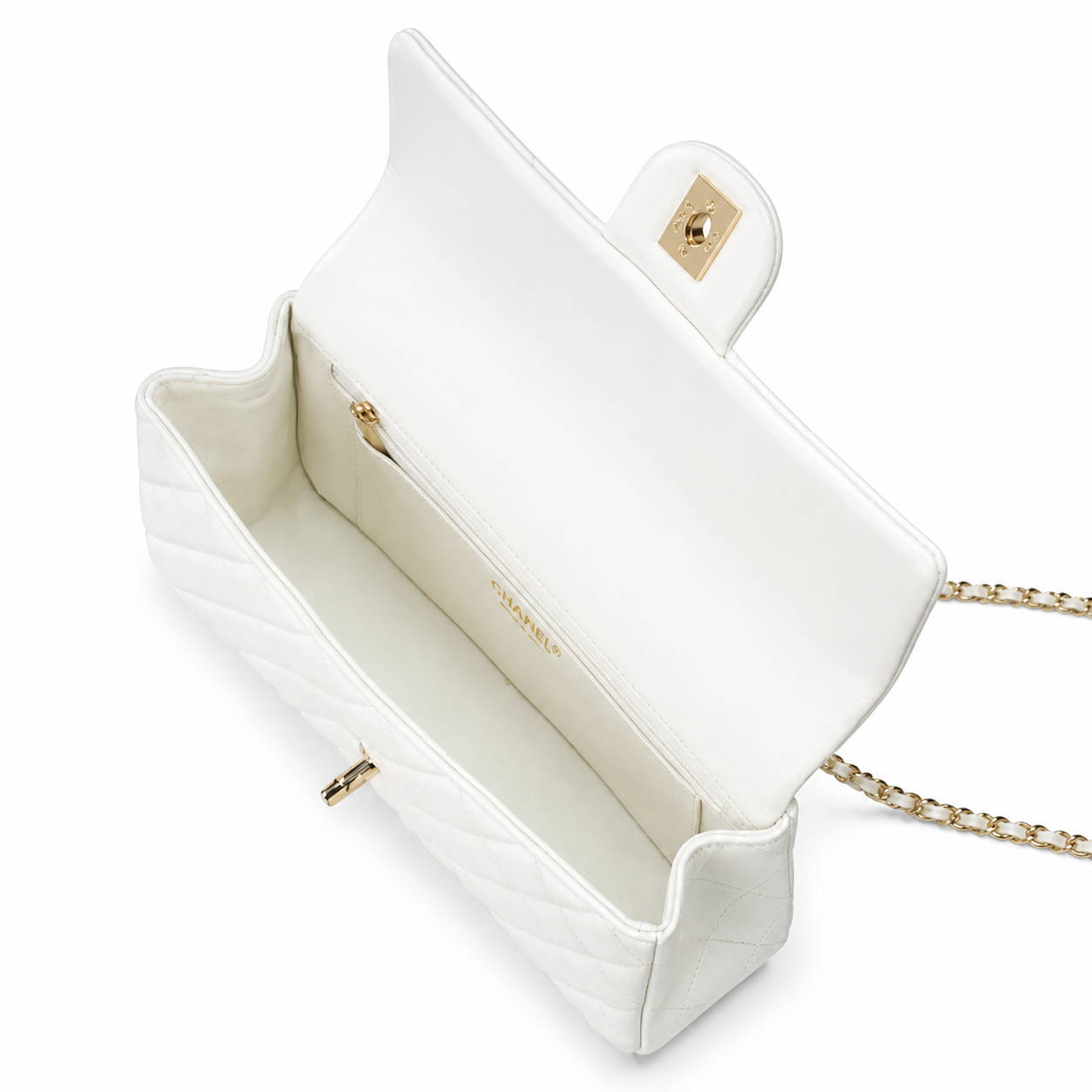 Chanel White Quilted Lambskin Rectangular Flap Bag | Top Handle & Gold Chain