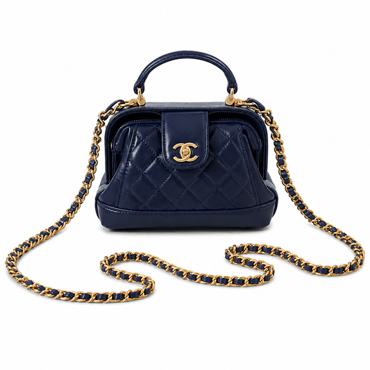 Chanel Mini Top Handle Box Bag | CC Turn-Lock Gold Chain Navy Blue — 9x13cm