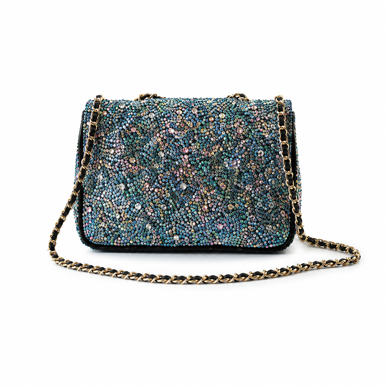 Chanel Teal & Aurora Borealis All-Over Rhinestone Flap Bag | Mixed-Size Multicolour Crystals & Gold CC Turn-Lock