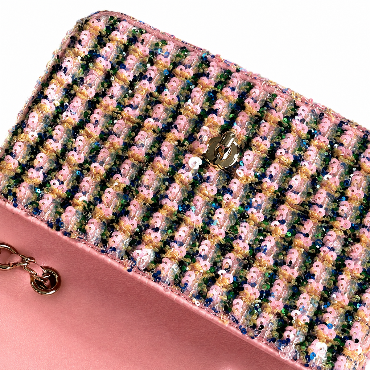 Chanel Pink Tweed-Stripe Sequin Flap Bag | Rose Gold Chain, Gold Rectangular CC & Bright Pink Interior